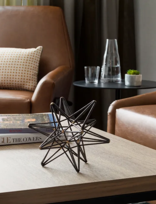 A modern living room with tan leather chairs, a wooden coffee table, decorative star sculpture, pillows, books, and a small glass set on a side table.